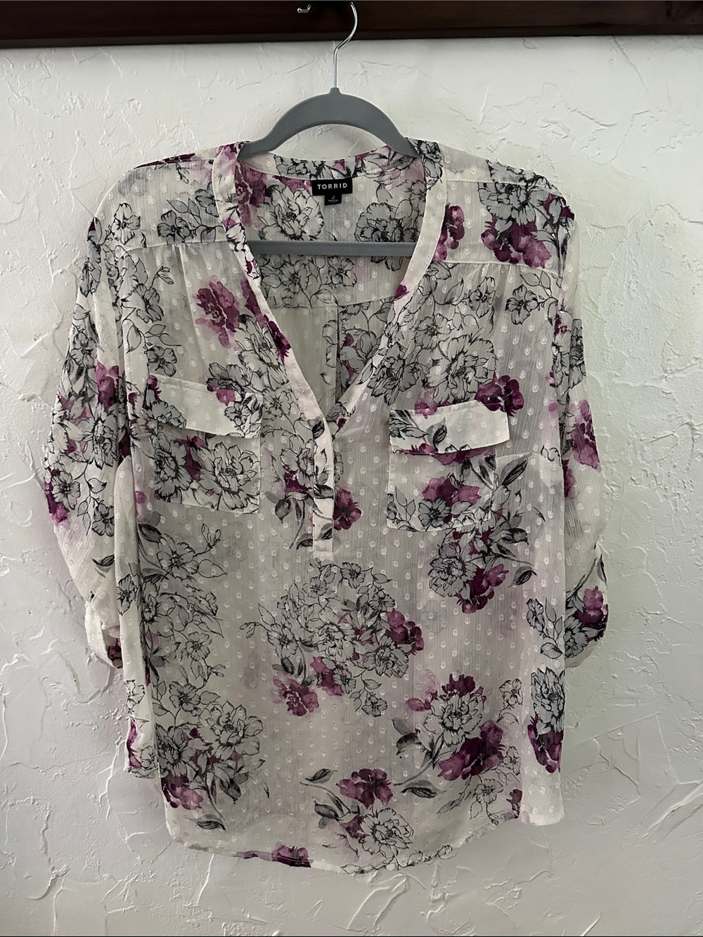 torrid White Sheer Blouse with Purple Floral Print